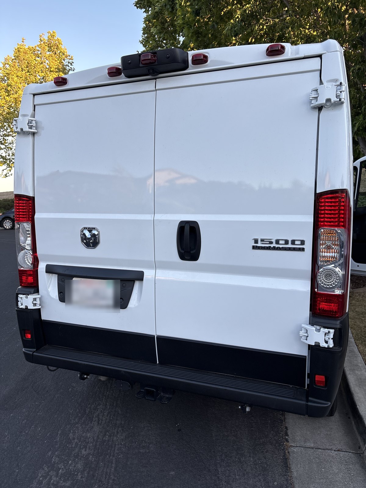 The client's own daylight frame of the clean white Ram ProMaster cargo van parked on a driveway, held whole as a tall plate
